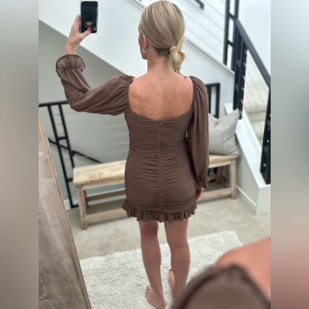Blush Tan Long Sleeve Ruched Mini Dress | Ruffle Hem | Formal Party | Size M - Picture 7 of 10